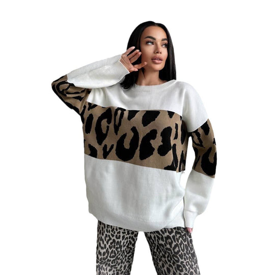 Damen Oversized Strickpullover mit Leoparden-Bahnen, überschnittener Schulter und geripptem Saum Nord Taschen