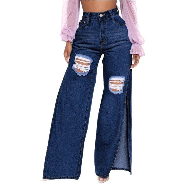 Damen High‑Waist Wide‑Leg Jeans mit hohen Seitenschlitzen und Destroyed-Details Nord Taschen