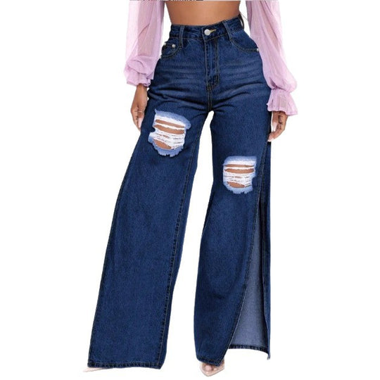 Damen High‑Waist Wide‑Leg Jeans mit hohen Seitenschlitzen und Destroyed-Details Nord Taschen