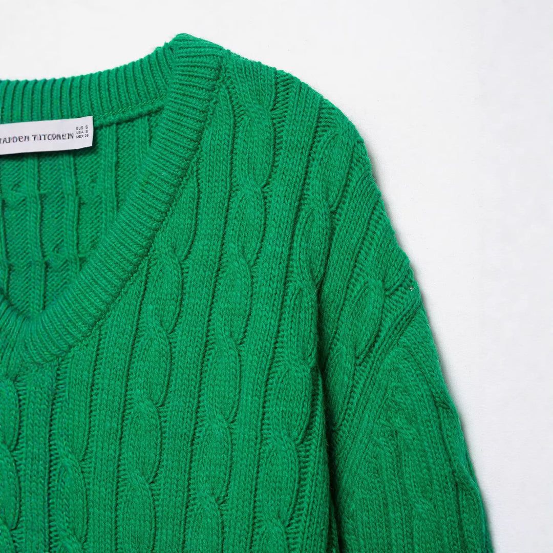 Damen Grobgestrickter V‑Ausschnitt Zopfstrickpullover mit Rippbündchen Nord Taschen