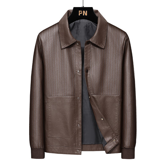 Herren Pinstripe Kunstleder-Truckerjacke mit Druckknopffront und gerippten Bündchen Nord Taschen