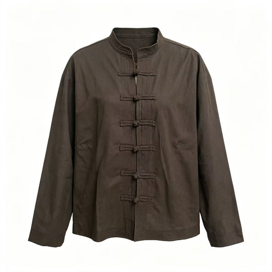 Herren Lockere Baumwoll‑Leinen Jacke im China‑Style mit Stehkragen und Knotenverschlüssen Nord Taschen