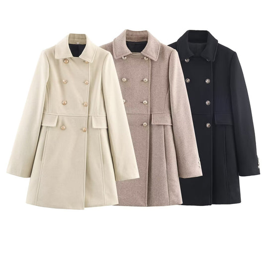 Damen Doppelreihiger Wollmix‑Mantel mit taillierter Silhouette und Zierknöpfen Nord Taschen
