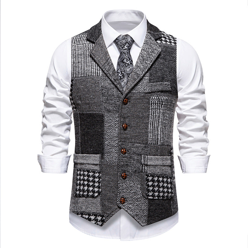 Herren Patchwork Weste mit Reverskragen Knopfleiste und aufgesetzten Taschen Nord Taschen