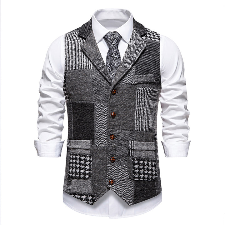 Herren Patchwork Weste mit Reverskragen Knopfleiste und aufgesetzten Taschen Nord Taschen