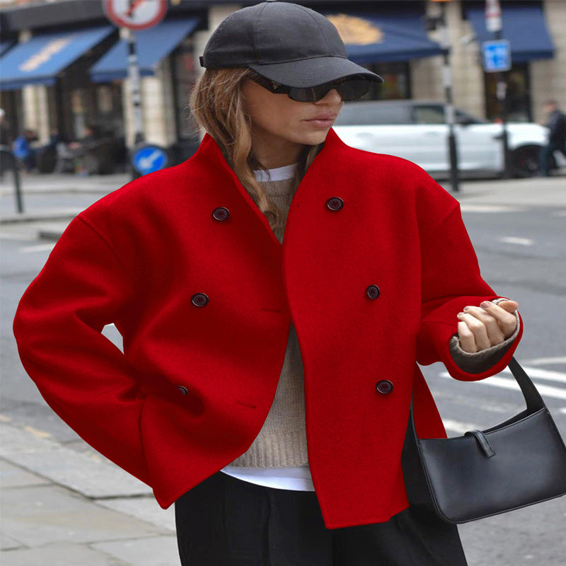 Damen modische Wolljacke mit doppelter Knopfleiste und hohen Kragen