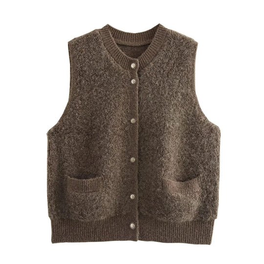 Damen Ärmellose Teddy‑Weste mit Knopfleiste und aufgesetzten Taschen Nord Taschen