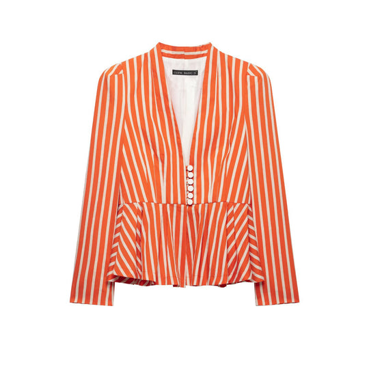 Damen Gestreifte taillierte Peplum‑Jacke mit V‑Ausschnitt und Zierknöpfen Nord Taschen