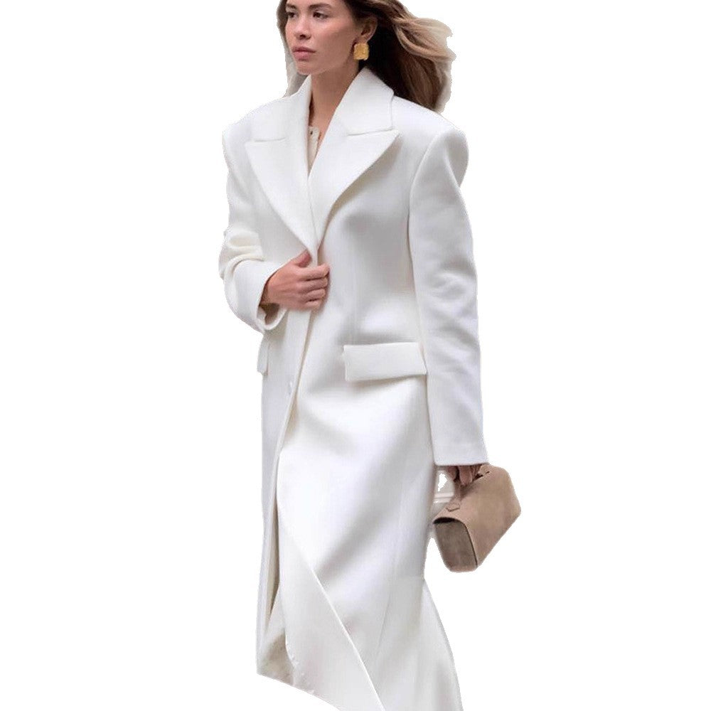 Damen Maxilanger Oversize-Wollmixmantel mit markanten Schulterpolstern und Reverskragen Nord Taschen