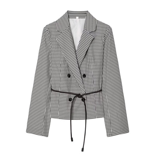 Damen Karo-Cropped-Blazer mit doppelreihiger Knopfleiste und Tunnelzugbindegürtel Nord Taschen