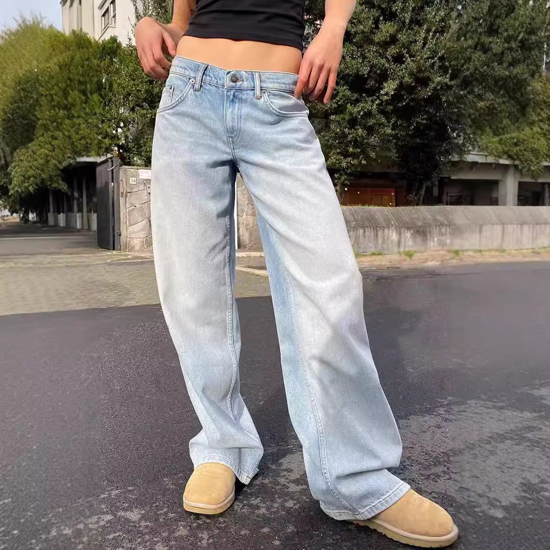 Damen weites Denim Hosenmodell mit tiefem Bund und weitem Schlag Nord Taschen