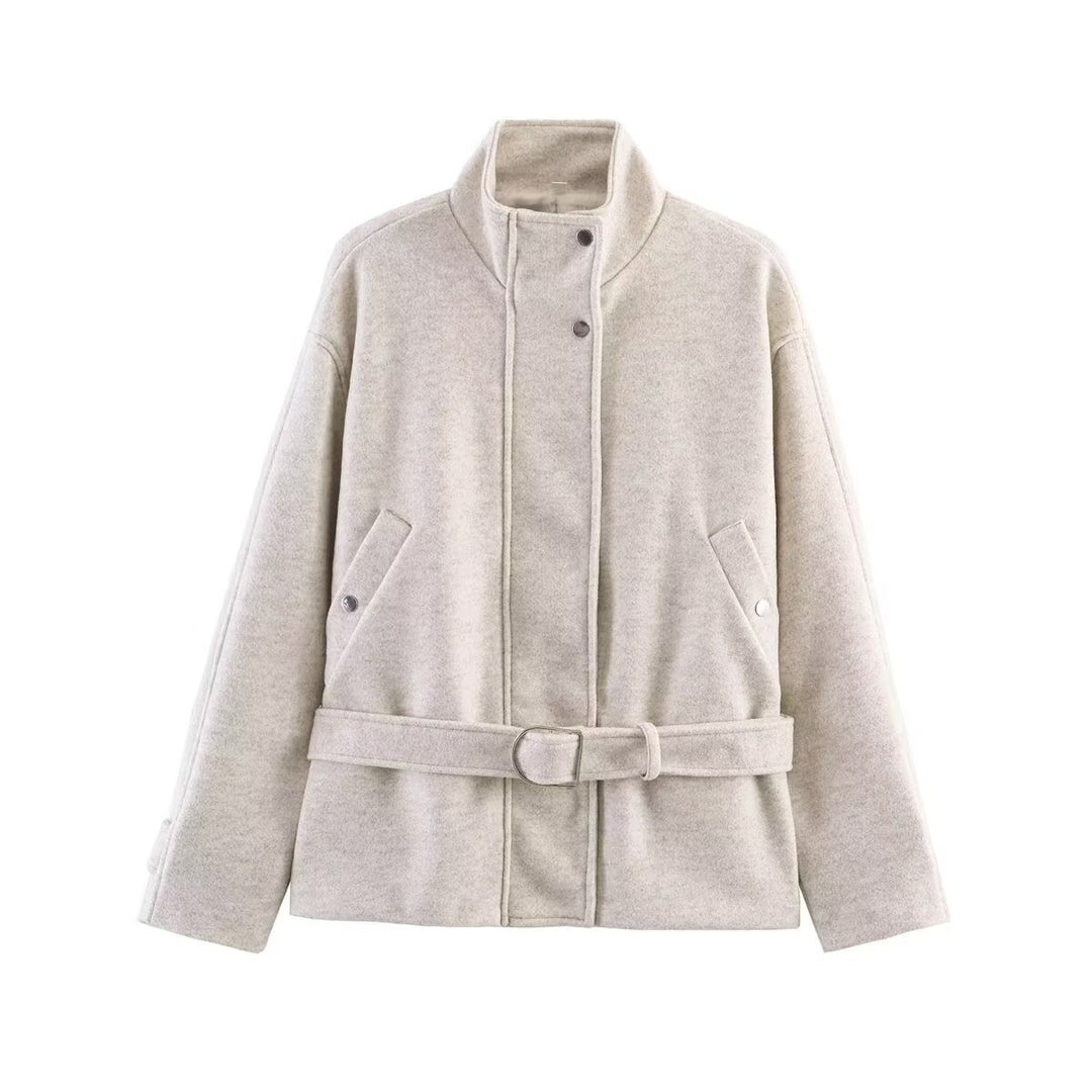 Damen Kurzjacke aus Wollmix mit Taillengürtel und Stehkragen Nord Taschen