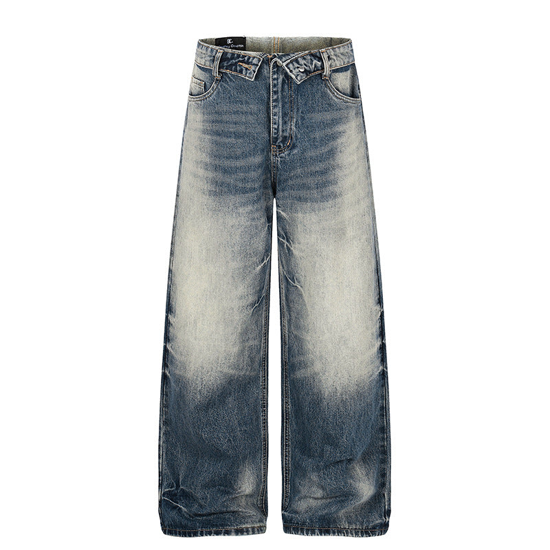 Damen Weite hochgeschnittene Jeanshose im Palazzo‑Schnitt mit Used‑Waschung Nord Taschen