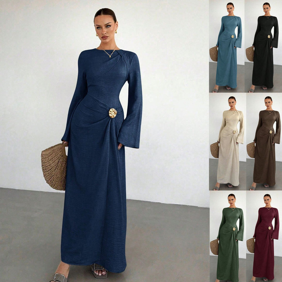 Damen Maxikleid mit Drapierung, Zierbrosche und weiten Trompetenärmeln Nord Taschen