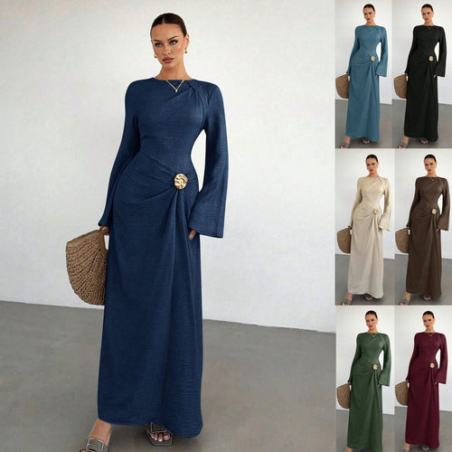 Damen Maxikleid mit Drapierung, Zierbrosche und weiten Trompetenärmeln Nord Taschen