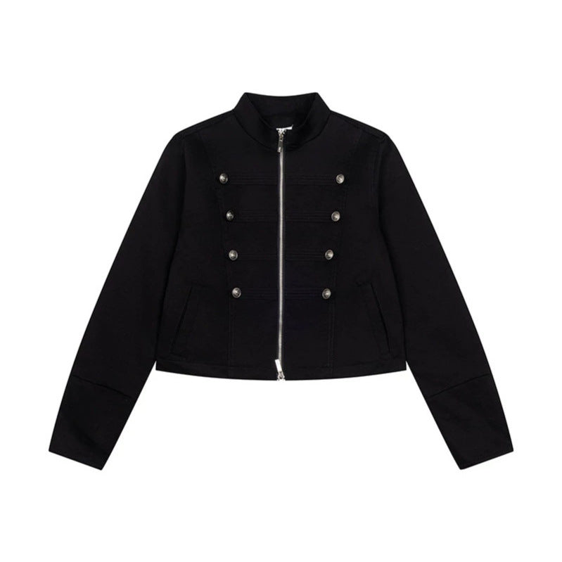 Damen kurze taillierte Militärjacke mit Stehkragen, Zierknopfreihen und Zwei‑Wege‑Reißverschluss Nord Taschen