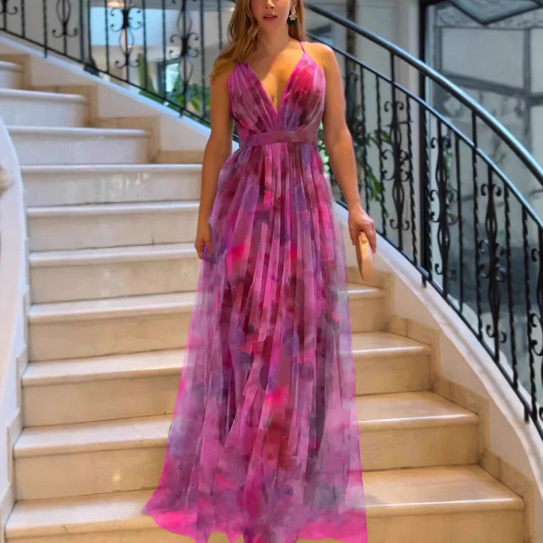 Damen Elegantes Maxikleid mit tiefem V-Ausschnitt und luftigen Stoffschichten
