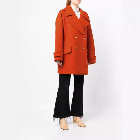 Damen Oversize Zweireihiger Kurzmantel aus Wollmix mit überbreiten Ärmeln und goldenen Zierknöpfen Nord Taschen