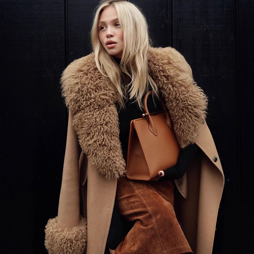 Damen Maxilanger Wollmixmantel mit abnehmbarem lockigem Faux‑Fur‑Schalkragen und Fellmanschetten Nord Taschen