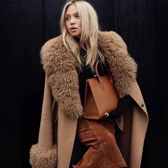 Damen Maxilanger Wollmixmantel mit abnehmbarem lockigem Faux‑Fur‑Schalkragen und Fellmanschetten Nord Taschen
