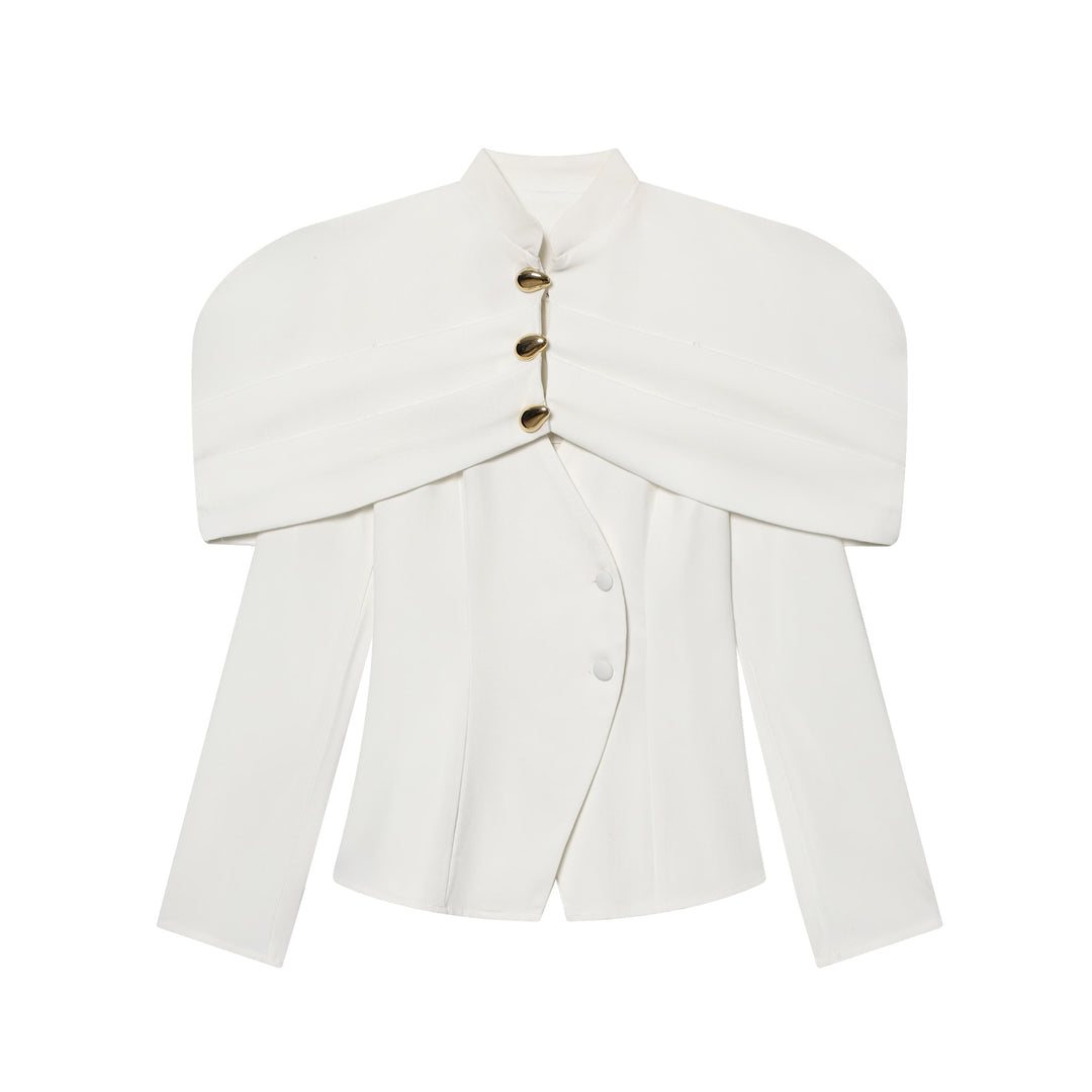 Damen 100+ eleganter taillierter Blazer mit Cape‑Schulter und goldenen Zierknöpfen Nord Taschen