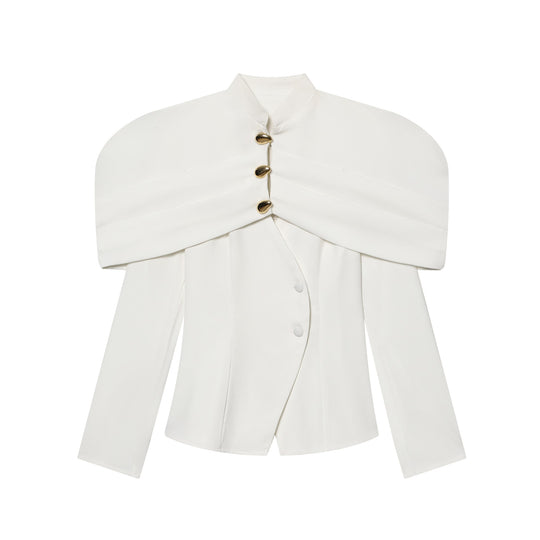 Damen 100+ eleganter taillierter Blazer mit Cape‑Schulter und goldenen Zierknöpfen Nord Taschen