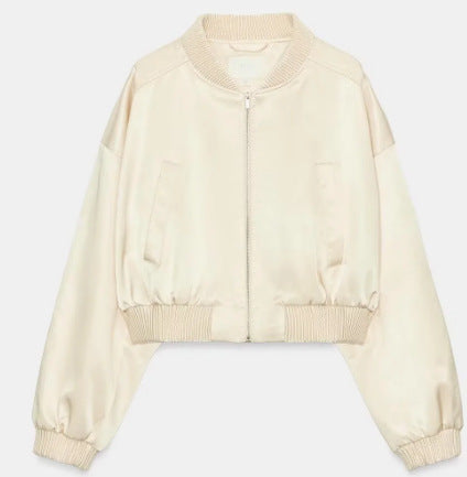 Damen Cropped Blousonjacke aus Satinoptik mit Ballonärmeln und Rippbündchen Nord Taschen