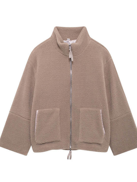 Damen Boxy-Teddyfleece-Jacke mit Stehkragen, Zwei-Wege-Reißverschluss und aufgesetzten Taschen Nord Taschen