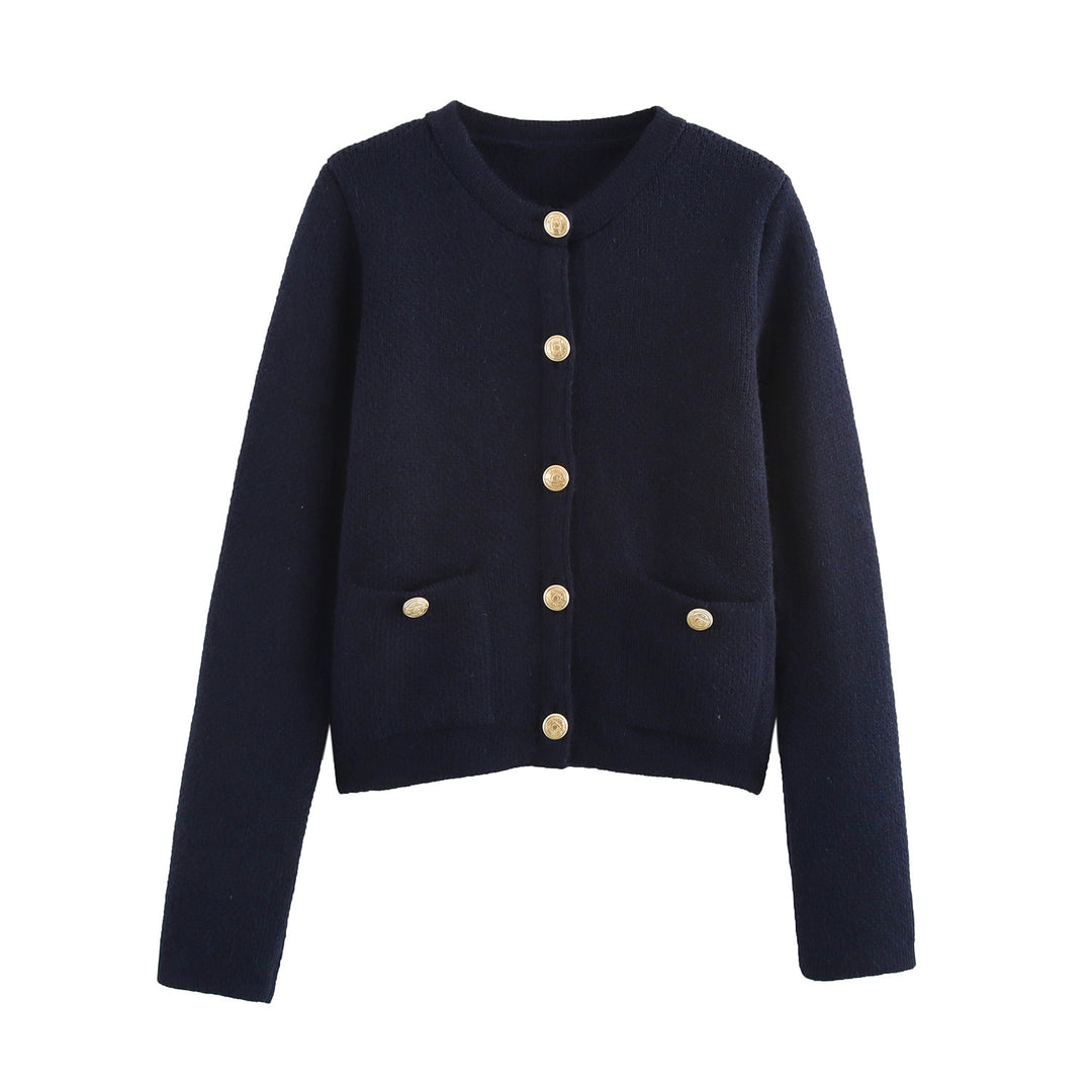 Damen Kurzgeschnittener Bouclé-Cardigan mit Rundhals, Pattentaschen und Münzknöpfen Nord Taschen