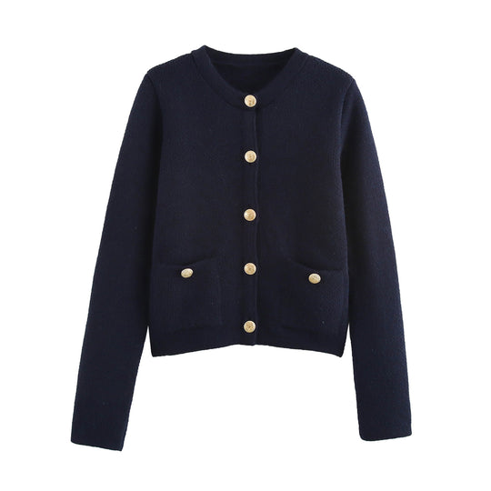 Damen Kurzgeschnittener Bouclé-Cardigan mit Rundhals, Pattentaschen und Münzknöpfen Nord Taschen