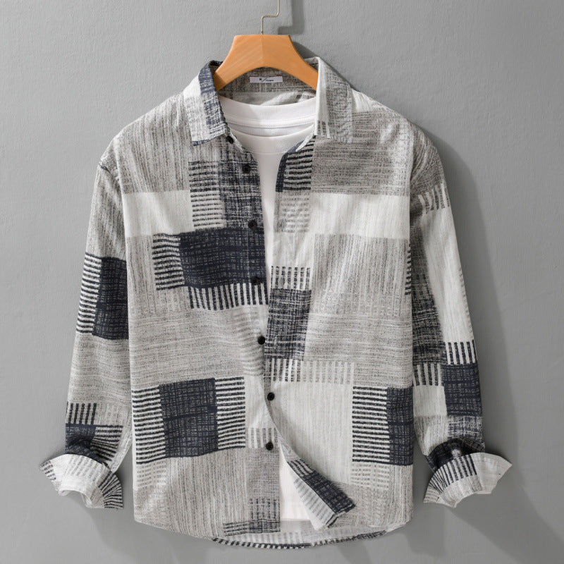 Herren Gemustertes Langarm-Hemd im Patchwork-Look aus leichtem Baumwollmix Relaxed Fit Nord Taschen