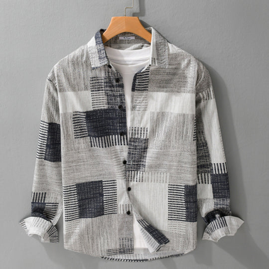 Herren Gemustertes Langarm-Hemd im Patchwork-Look aus leichtem Baumwollmix Relaxed Fit Nord Taschen