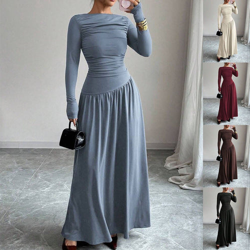 Damen Maxikleid mit gerafftem Oberteil, tailliertem Bund und Langarm Nord Taschen