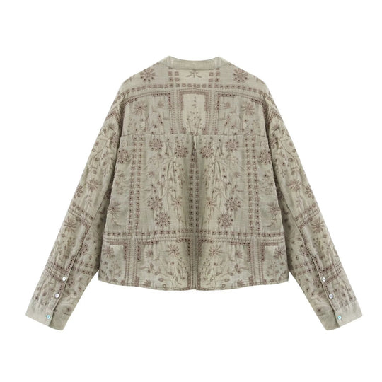 Damen Bestickte V‑Neck Boxy‑Bluse‑Jacke mit Patchwork‑Stickerei Nord Taschen