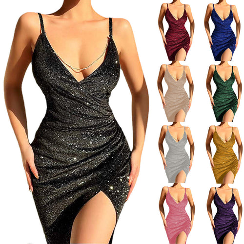 Damen Glamouröses Wickelkleid mit glitzender Oberfläche und hoch geschlitzt Nord Taschen
