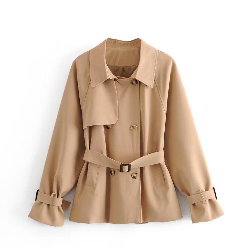 Damen Kurzer taillierter Trenchcoat mit Bindegürtel, asymmetrischer Sturmklappe und Manschettenriemen Nord Taschen