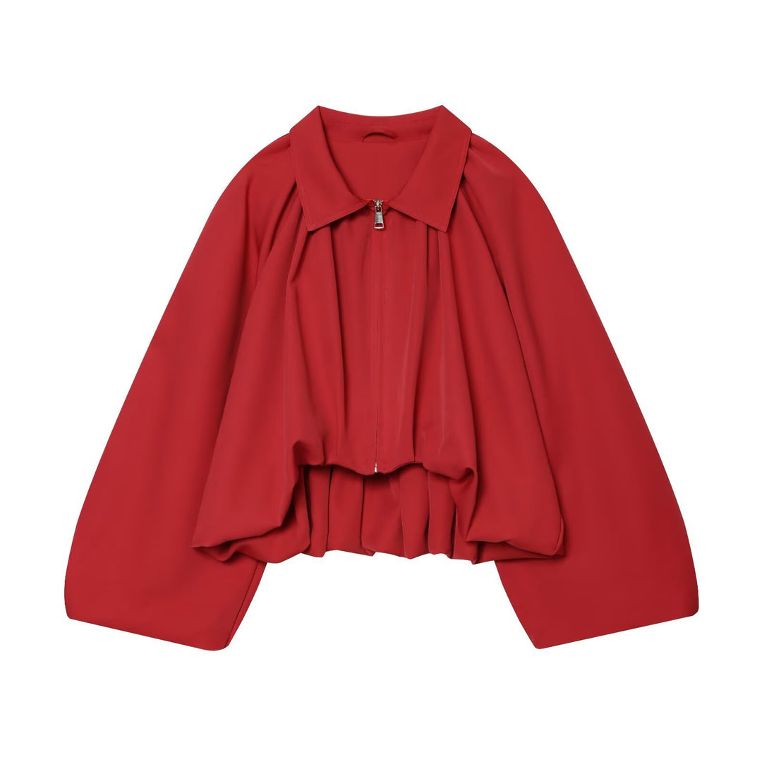 Damen Kurz geschnittene Blousonjacke mit weitem Ballonärmel, Reißverschluss und elastischem Saum Nord Taschen
