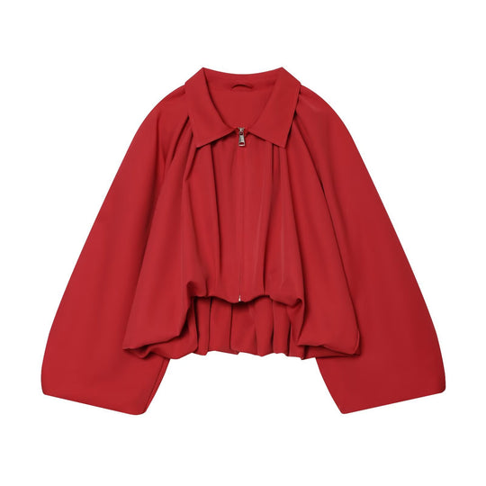 Damen Kurz geschnittene Blousonjacke mit weitem Ballonärmel, Reißverschluss und elastischem Saum Nord Taschen