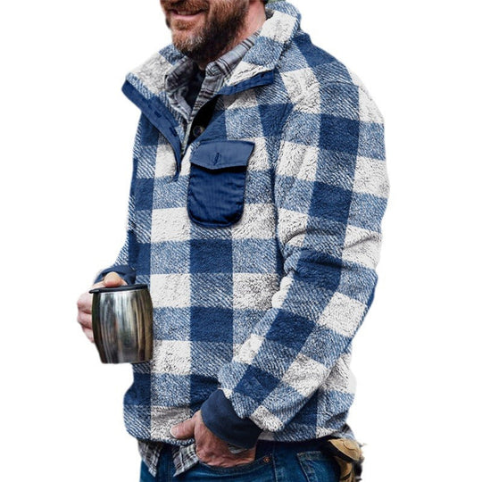 Herren Fleece-Pullover mit Karomuster und Hohem Kragen Avellé