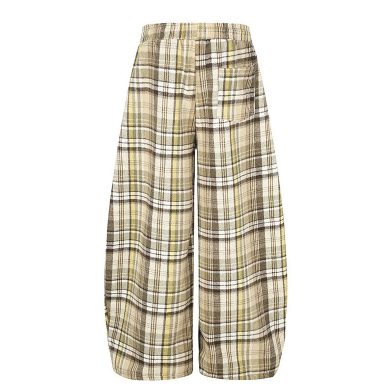 Damen Weite Karierte Palazzo-Loungehose mit hohem Komfortbund und Saumkordel Nord Taschen