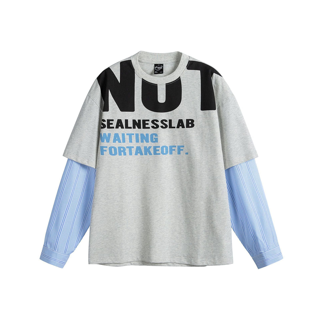 Damen Lagenlook T-Shirt mit eingearbeiteten Hemdärmeln und oversized Print Nord Taschen