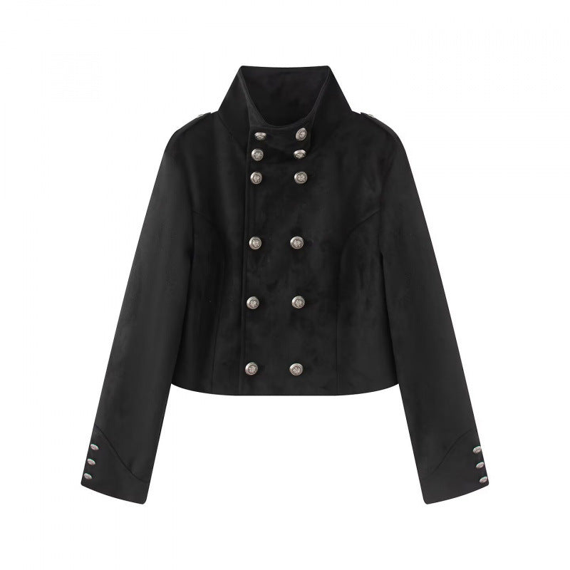 Damen Kurzgeschnittene Taillierte Militärblousonjacke mit hohem Stehkragen, doppelreihigen Metallknöpfen und Schulterriegeln Nord Taschen