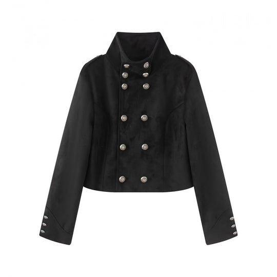 Damen Kurzgeschnittene Taillierte Militärblousonjacke mit hohem Stehkragen, doppelreihigen Metallknöpfen und Schulterriegeln Nord Taschen
