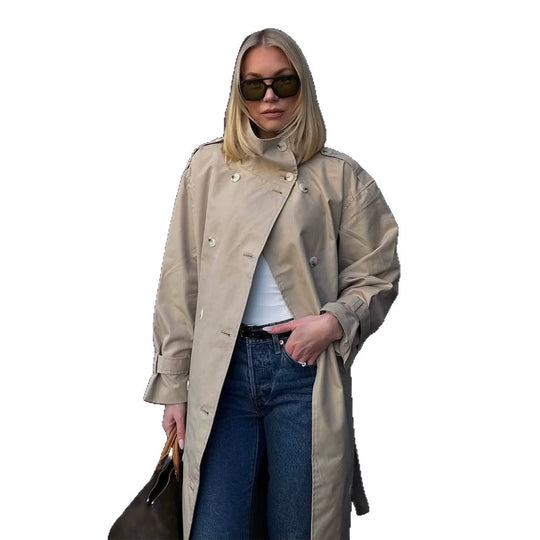 Damen Maxi-Trenchcoat mit hohem Stehkragen, doppelreihiger Knopfleiste & Taillengürtel Nord Taschen
