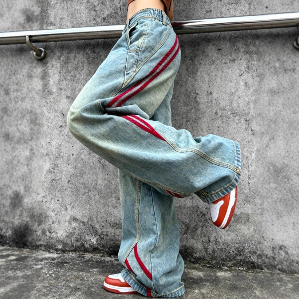 Damen tiefsitzende extraweite Baggy-Jeans aus Vintage-Denim mit seitlichen Tape-Streifen Nord Taschen