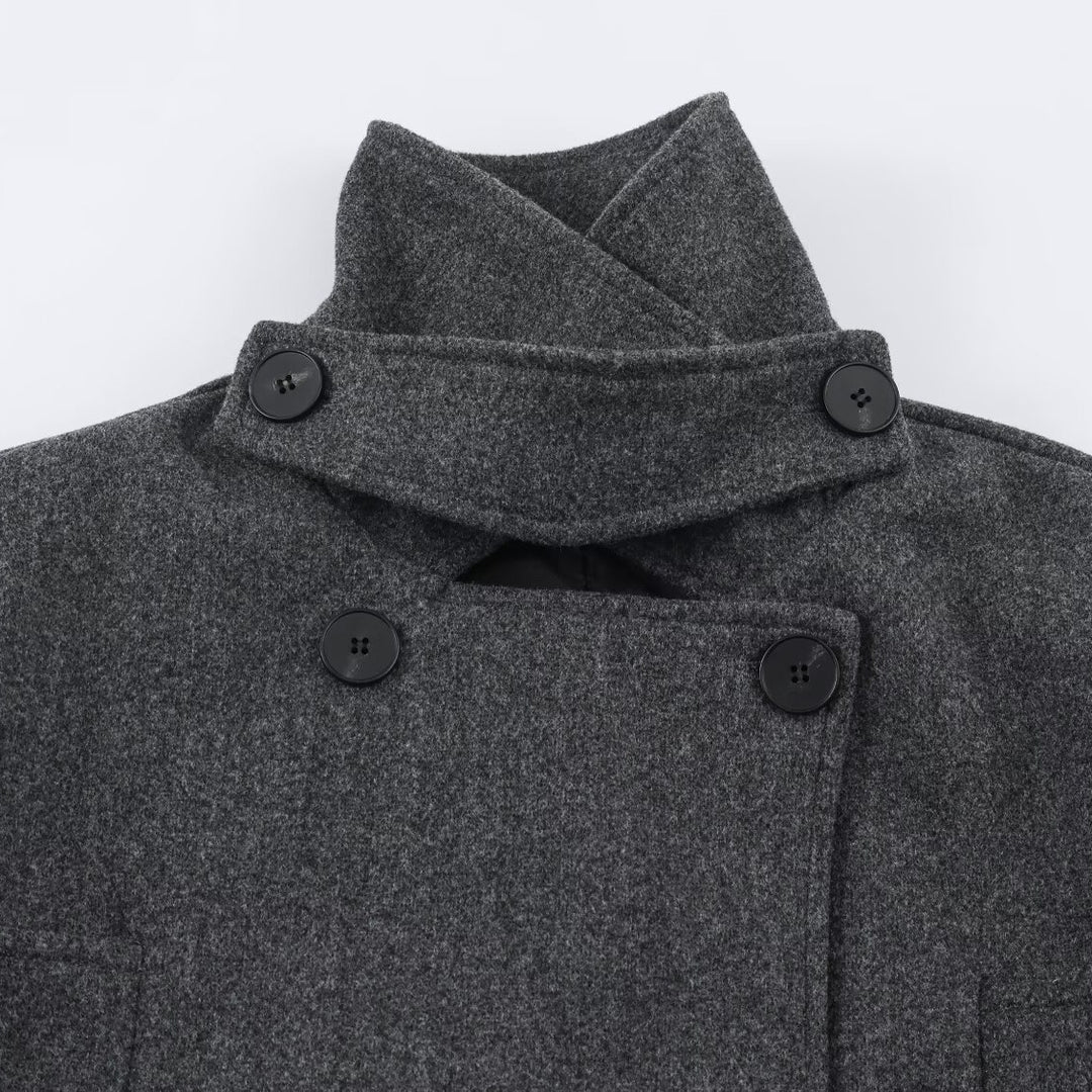 Damen Kurzmantel im Doppelreiher aus Wollmix mit hohem Stehkragen und Taillengürtel Nord Taschen