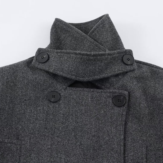 Damen Kurzmantel im Doppelreiher aus Wollmix mit hohem Stehkragen und Taillengürtel Nord Taschen
