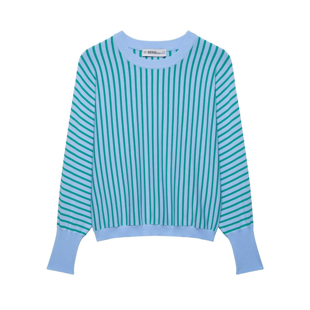 Damen Leichter Rundhals-Feinstrickpullover mit schmalen Längs- und Diagonalstreifen Nord Taschen