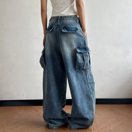 Damen Ultraweite Palazzodenim-Cargohose mit tiefem Schritt und übergroßen Klappentaschen Nord Taschen