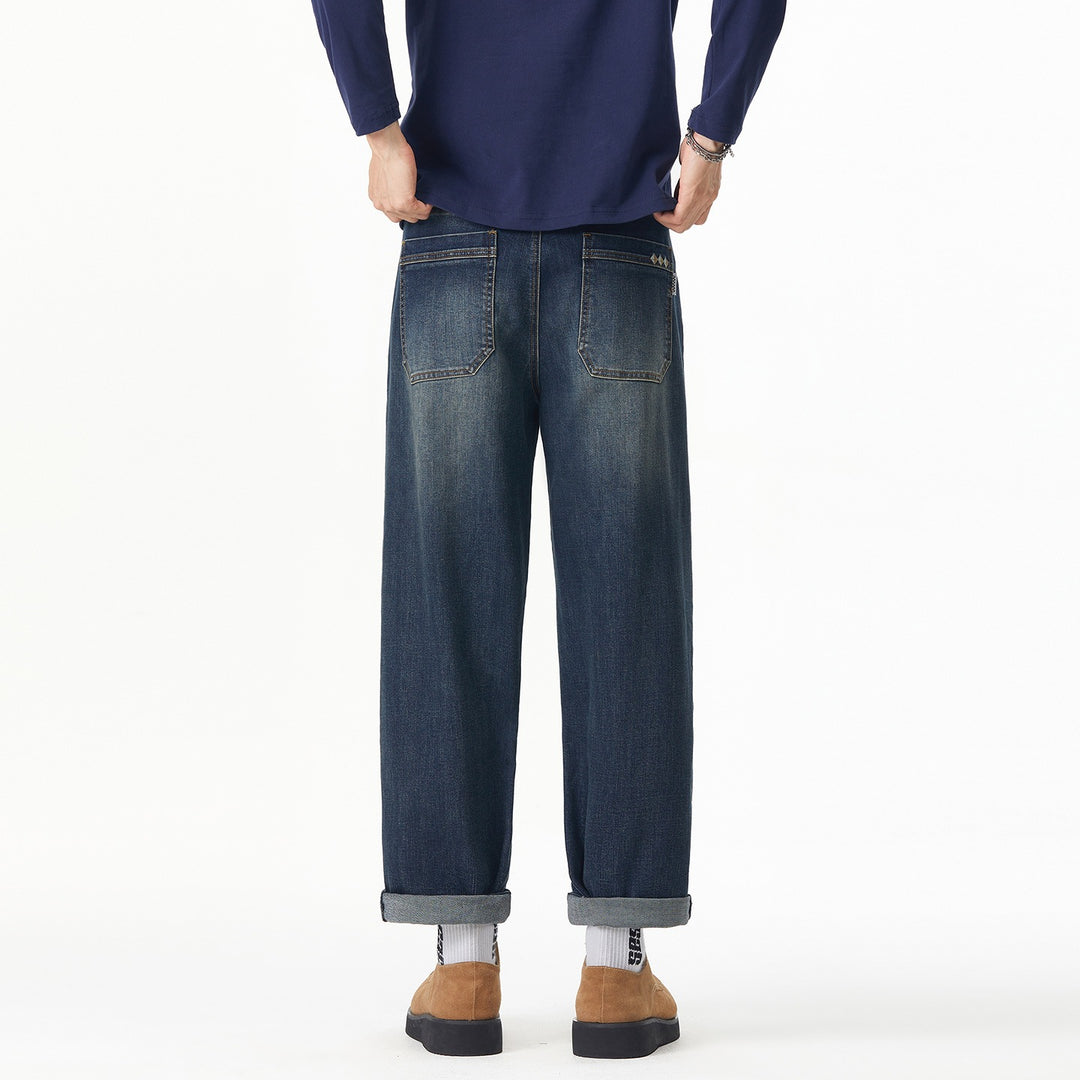 Herren Weite gerade geschnittene Denim-Jeans mit Used‑Wash und Umschlagbund Nord Taschen